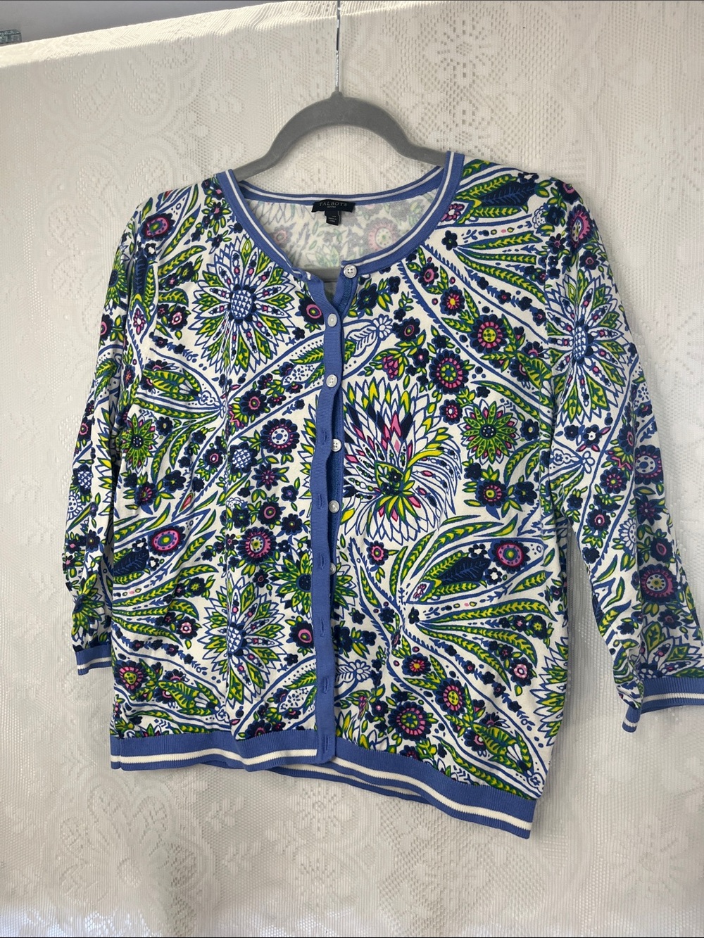 Talbots White Cardigan with Blue, Green & Purple Floral Print XLP